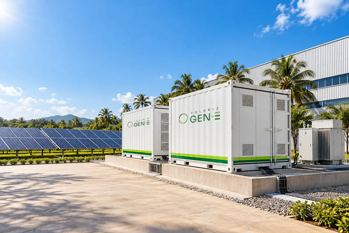 Containerised battery energy storage system beside solar field and palm trees